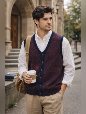 Vintage Barclay Shetland Wool Sweater Vest Blue Red Grandpa Knit Size Small